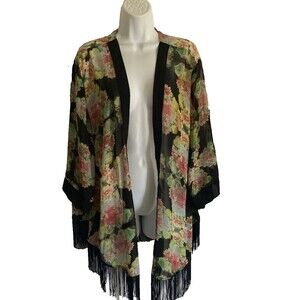Lovposh Kimono Women Large Sheer Black Floral Fringe Boho Festival Open Cardigan